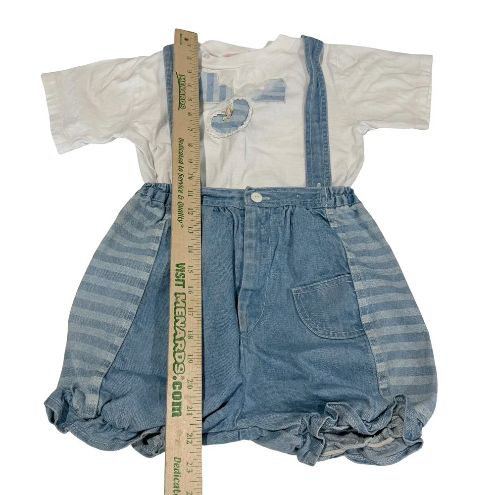 Vintage Popside Kids Denim Overall Shorts Set White Heart T-Shirt 2pc 90s Cotton